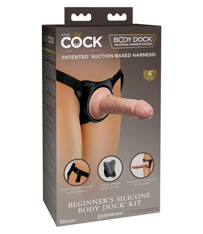 King Cock Elite Beginner's Silicone Body Dock Kit With 6 in. Realistic Suction Cup Dildo Beige/Black