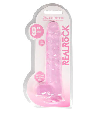 RealRock Crystal Clear Realistic Dildo 9in With Balls and Suction Cup Pink