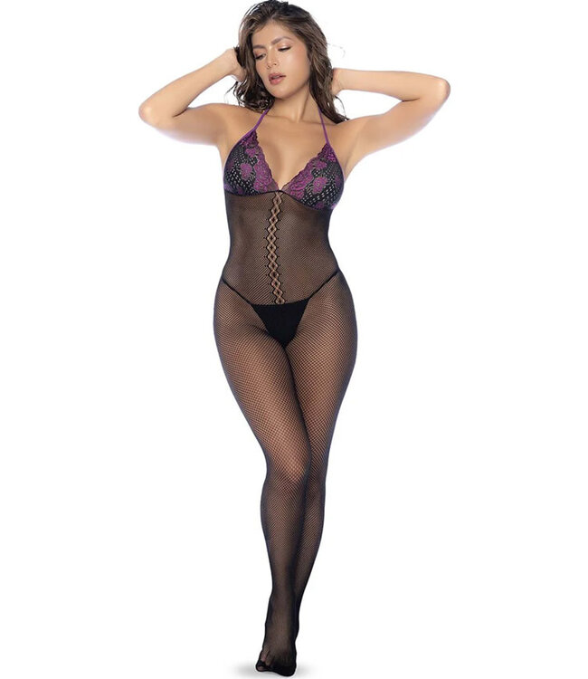 Fishnet Lace Purple/Black Bodystocking 1122 One Size