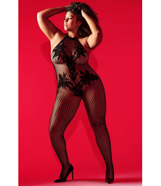 Plus Halter And Crotchless Floral Black Bodystocking 1116X