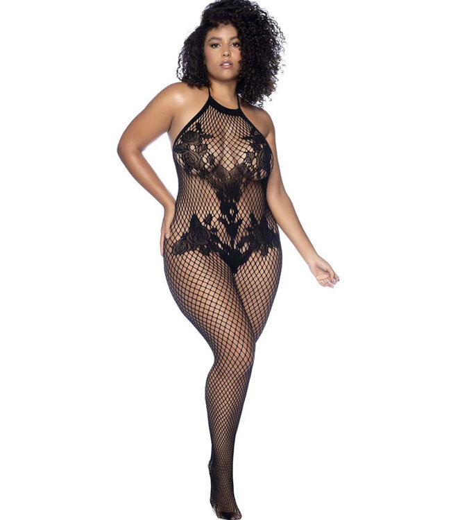 Plus Halter And Crotchless Floral Black Bodystocking 1116X Queen