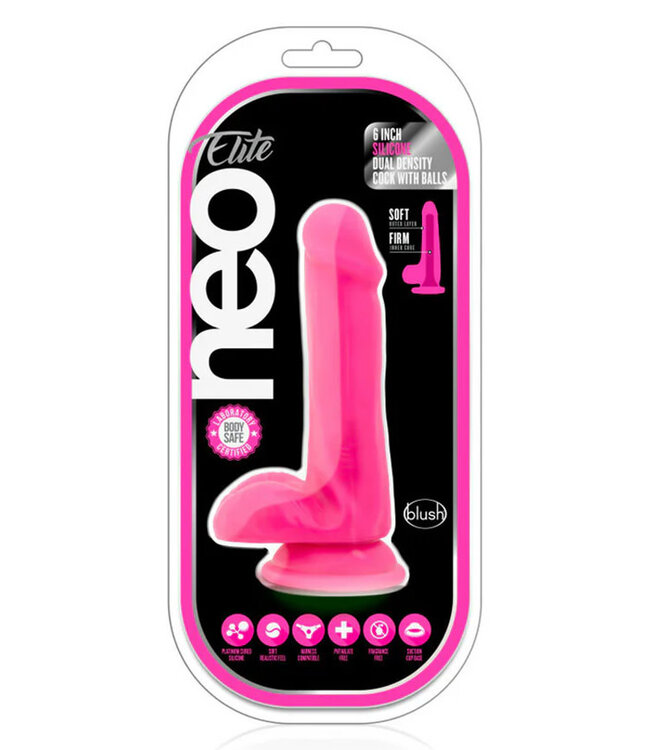 Neo Elite 6 in. Silicone Dual Density Dildo with Balls Neon Pink