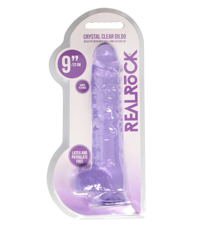 RealRock Crystal Clear Realistic 9 in. Dildo With Balls and Suction Cup Purple