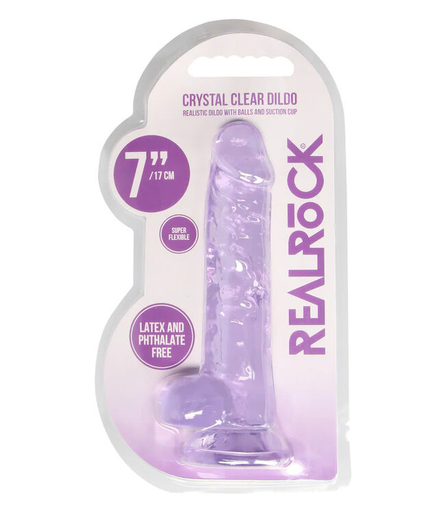 RealRock Crystal Clear Realistic 7 in. Dildo With Balls and Suction Cup Purple