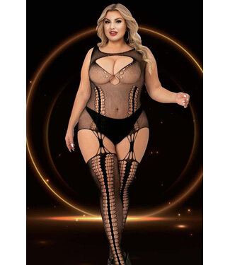 Plus Keyhole Suspender Hose Black Bodystocking LC129X