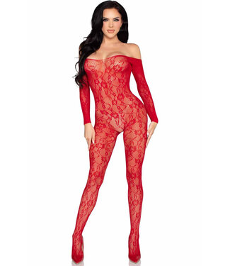 Red Long Sleeve Lace Bodystocking 89366