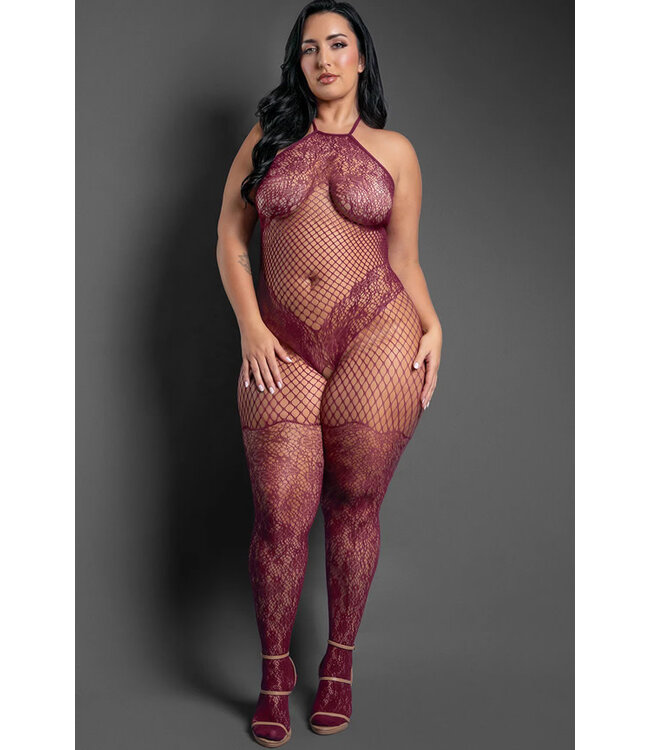 Plum Plus Scalloped Lace Knit Bodystocking SF1012 Queen