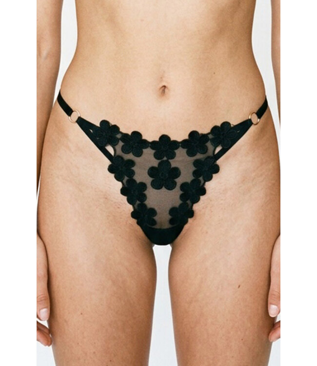 Flower Embroidered Mesh T Back Thong QZ32086YZ One Size