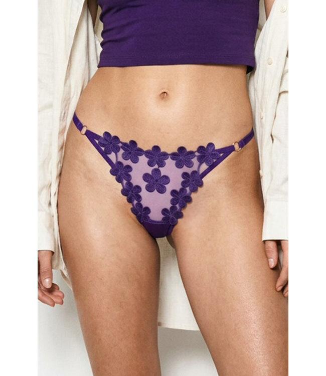 Flower Embroidered Mesh T Back Thong QZ32086YZ One Size