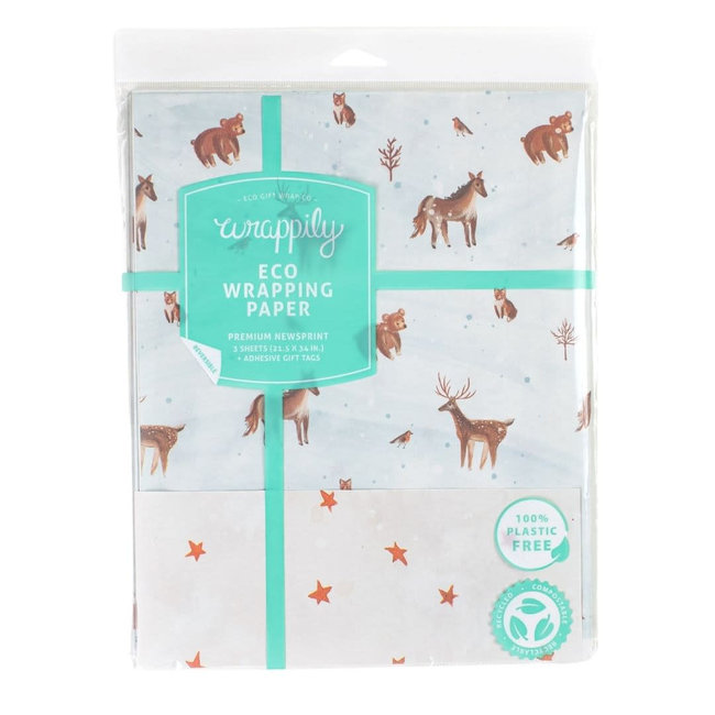 Winter Animals + Stars Holiday Eco Wrapping Paper