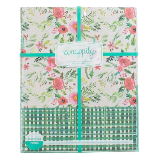 Winter Florals + Green Homespun Plaid Holiday Eco Wrapping Paper