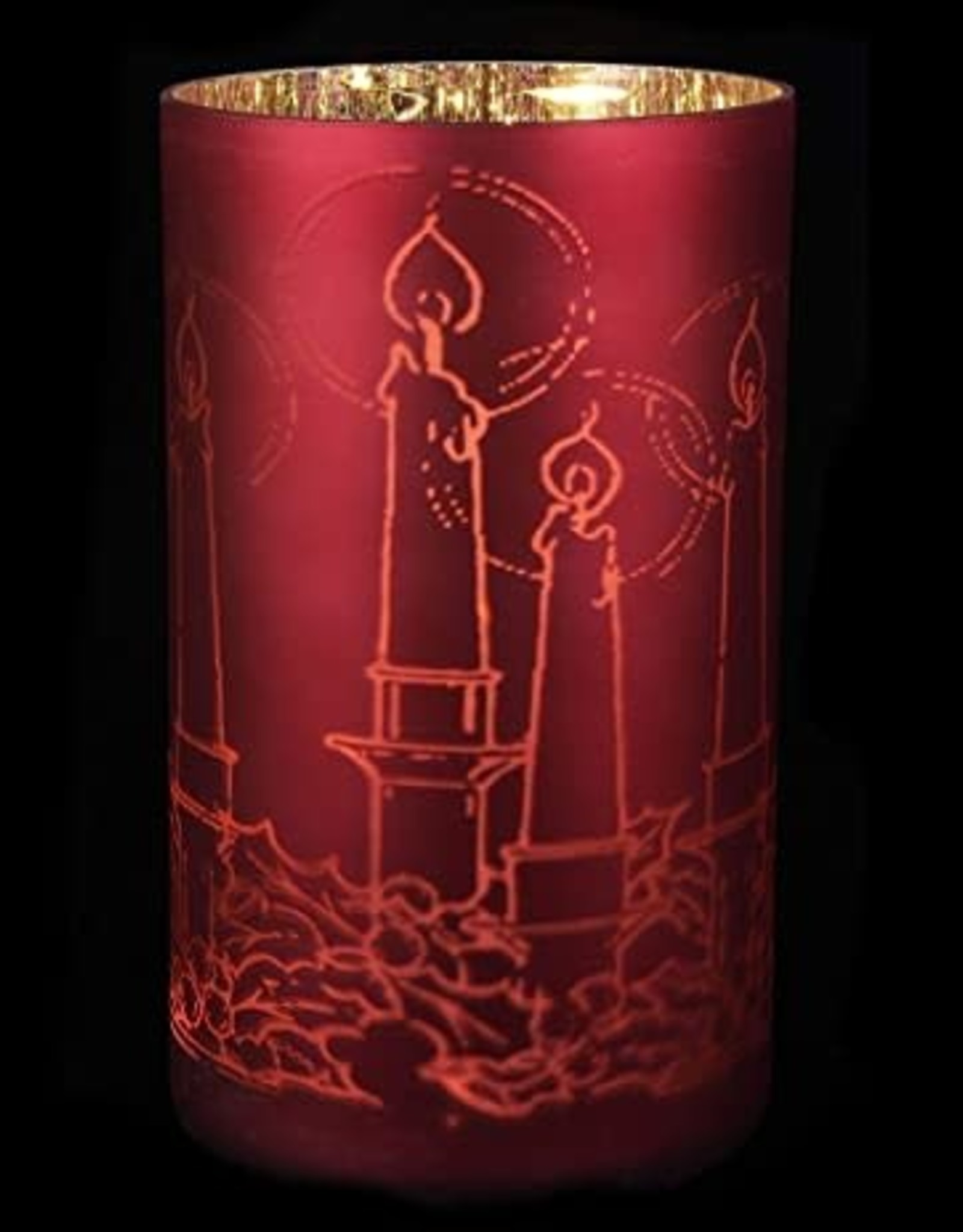 Red Lit Glass Jar w/ Etched Motif - Candlestick