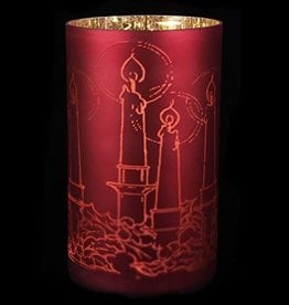 Red Lit Glass Jar w/ Etched Motif - Candlestick