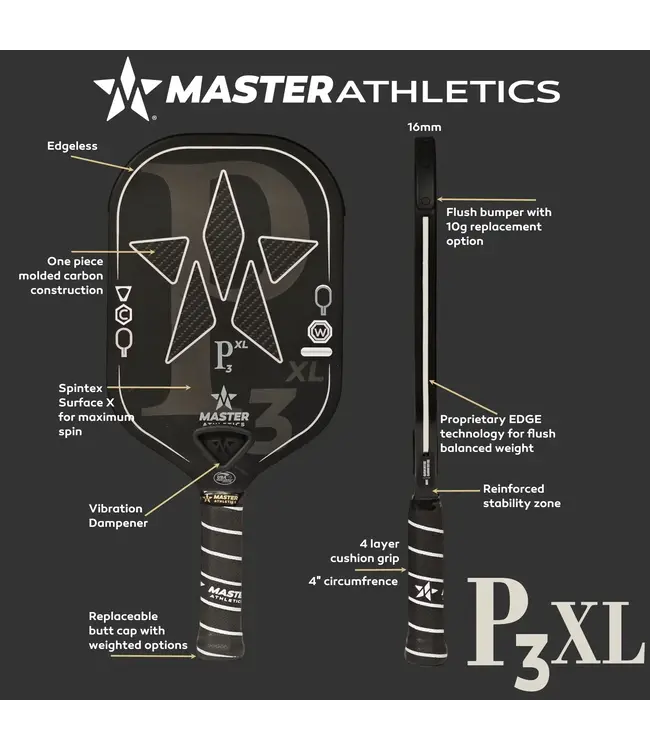 Master Athletics P3XL Pickleball Paddle Black/Silver 16mm
