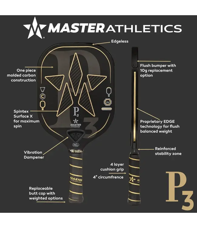 Master Athletics P3 Pickleball Paddle Black/Gold 16mm