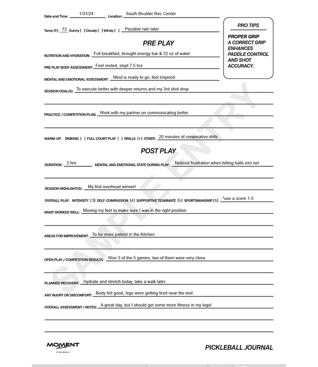 Moment Pickleball Pickleball Performance Journal