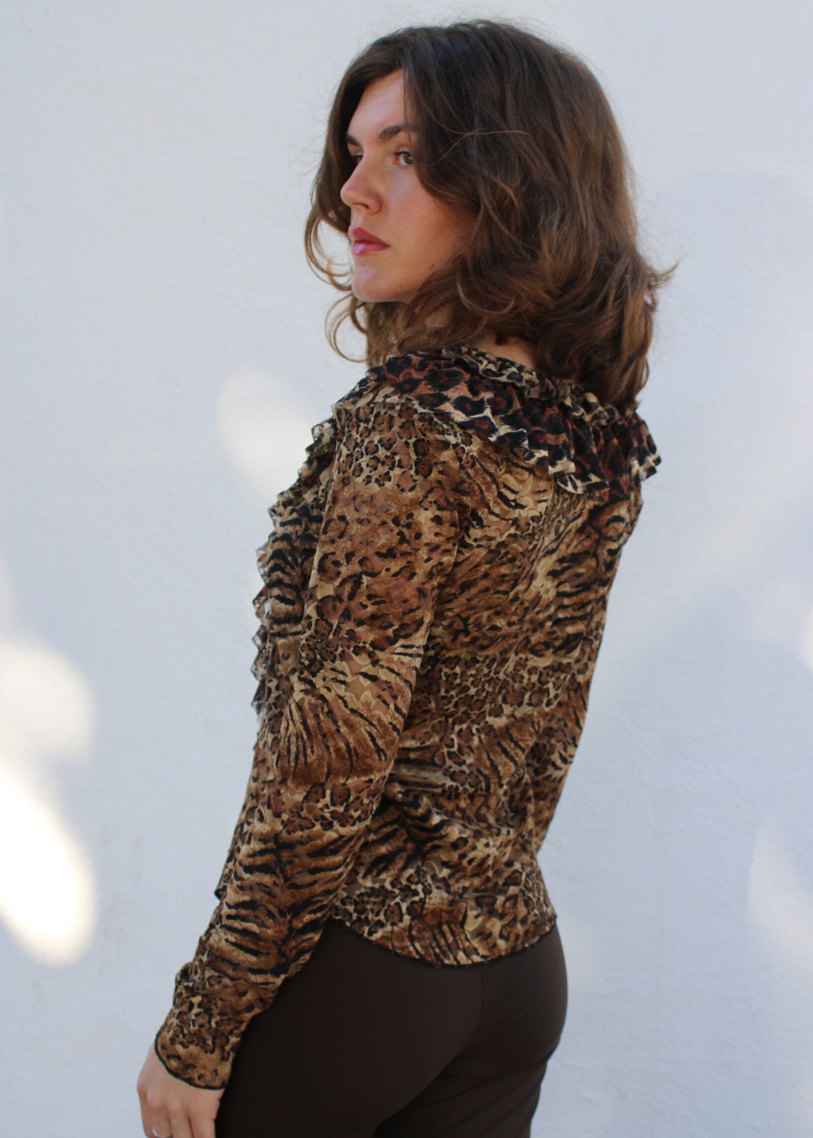 Margaret Cho Vintage MC Karen Kane Leopard Ruffle Blouse