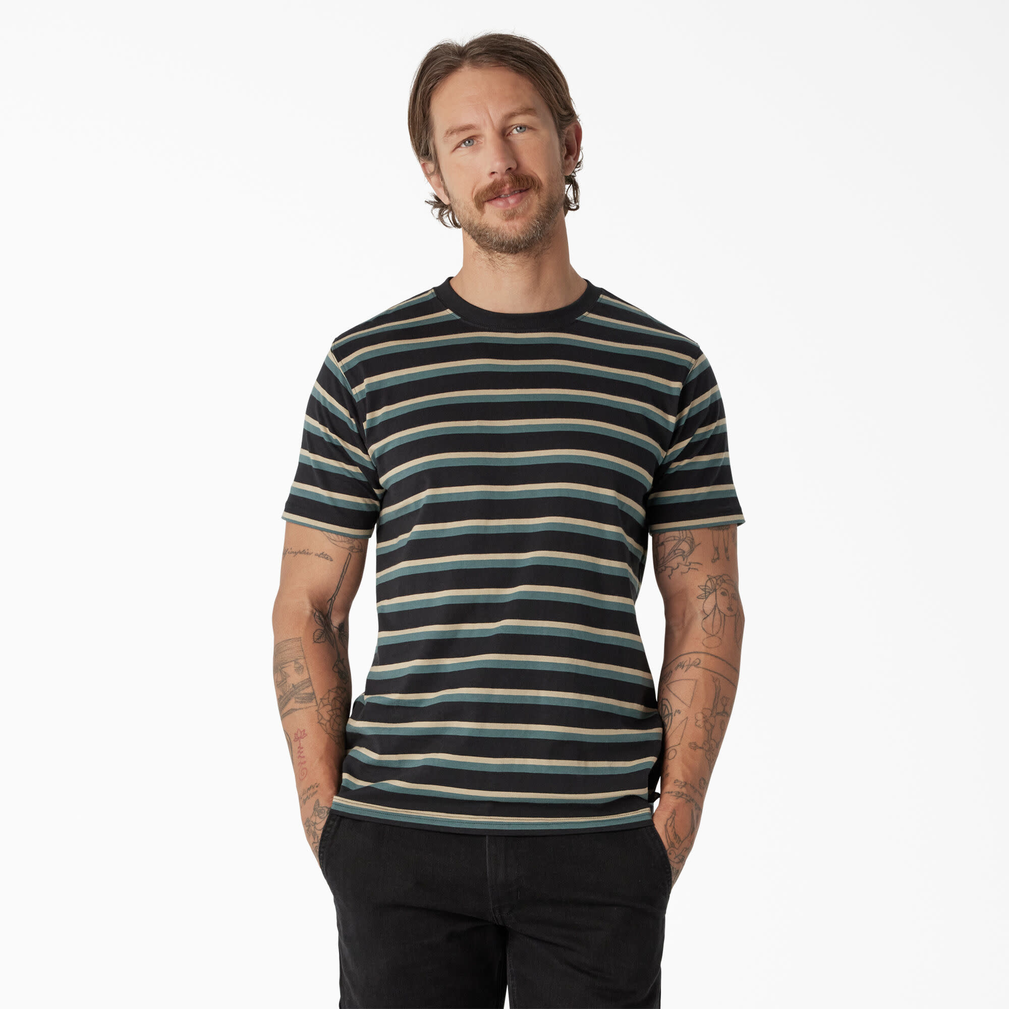 Dickies M Skateboarding Striped T-Shirt | Black/Lincoln Green Striped