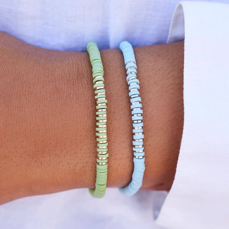 Pura Vida Pura Vida Heishi Disc & Metal Bead Stretch Bracelet | Aqua