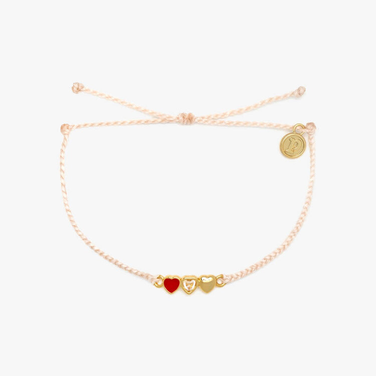 Pura Vida Pura Vida Red Cross: Three Hearts Charm Bracelet | Vanilla