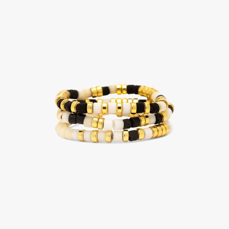 Pura Vida Pura Vida Mixed Sb Gold Stretch Ring Set Of 3 | Monochrome