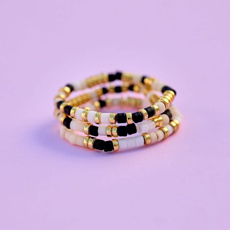 Pura Vida Pura Vida Mixed Sb Gold Stretch Ring Set Of 3 | Monochrome