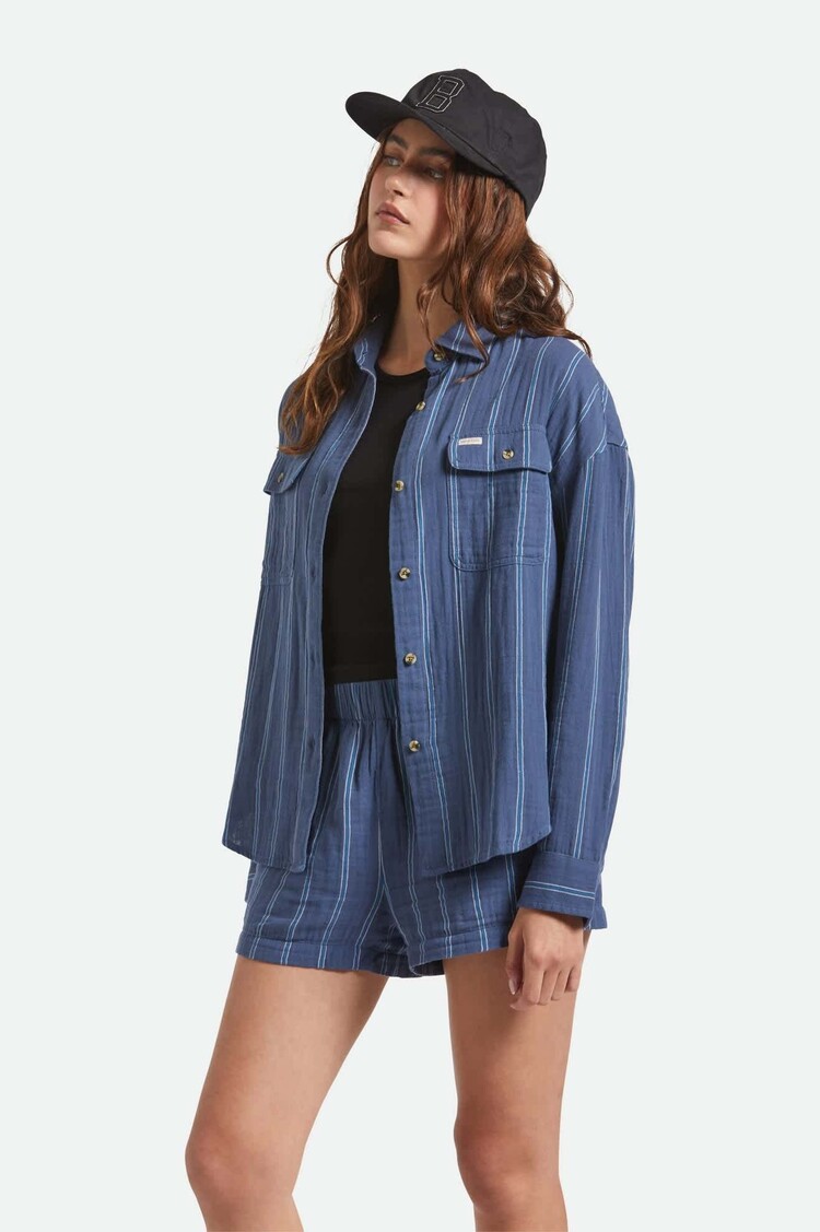 Brixton Brixton Wandering L/S Overshirt (Womens) | Berring Sea/White
