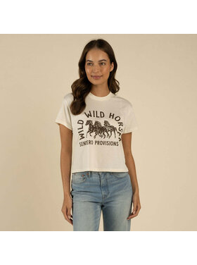 Sendero Sendero Wild Wild Horses Crop Tee (Womens) | Vintage White/Brown Print