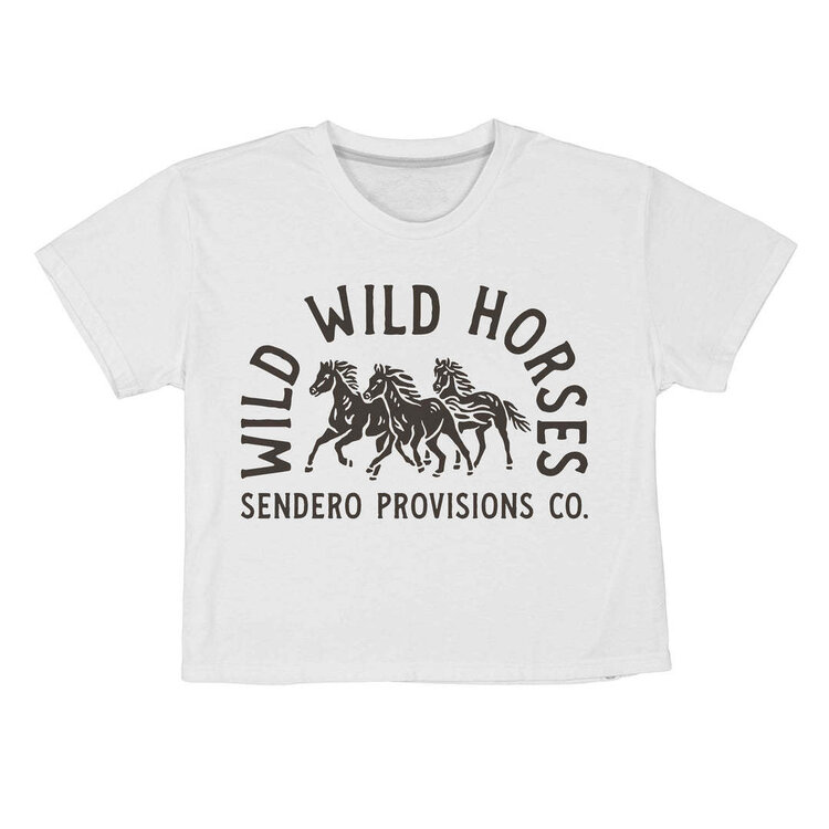 Sendero Sendero Wild Wild Horses Crop Tee (Womens) | Vintage White/Brown Print