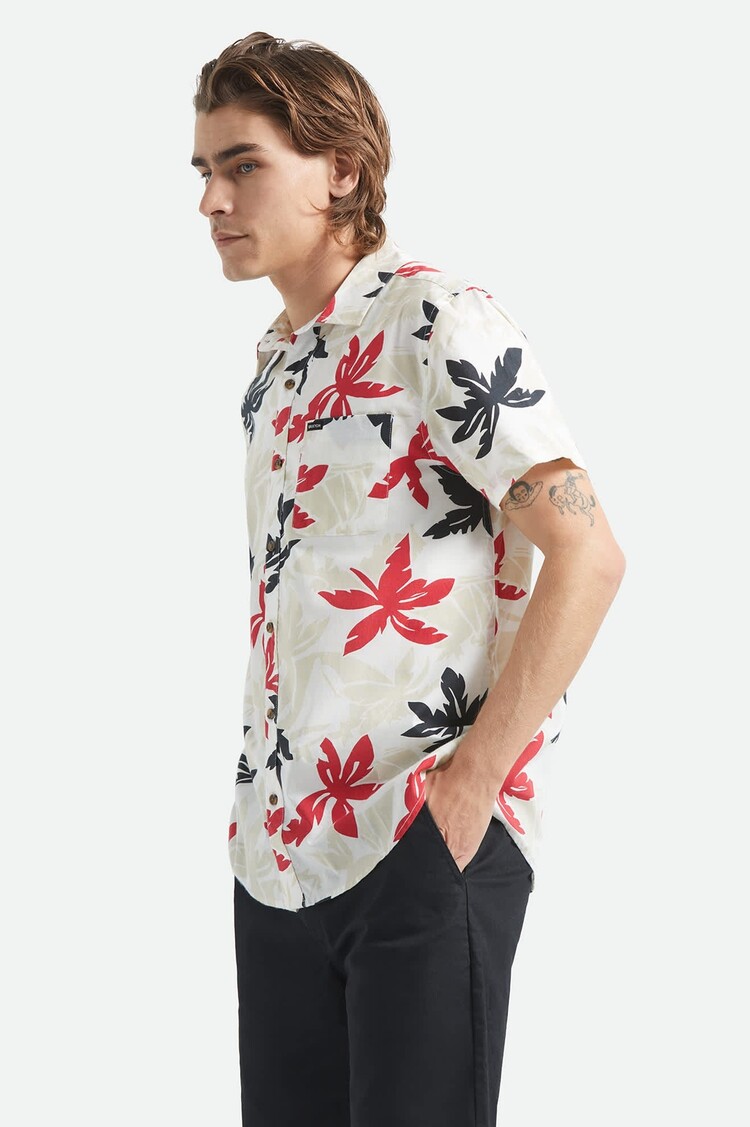 Brixton Brixton Charter Print S/S Wvn (Mens) | Off White/Black/Red Palm Flora