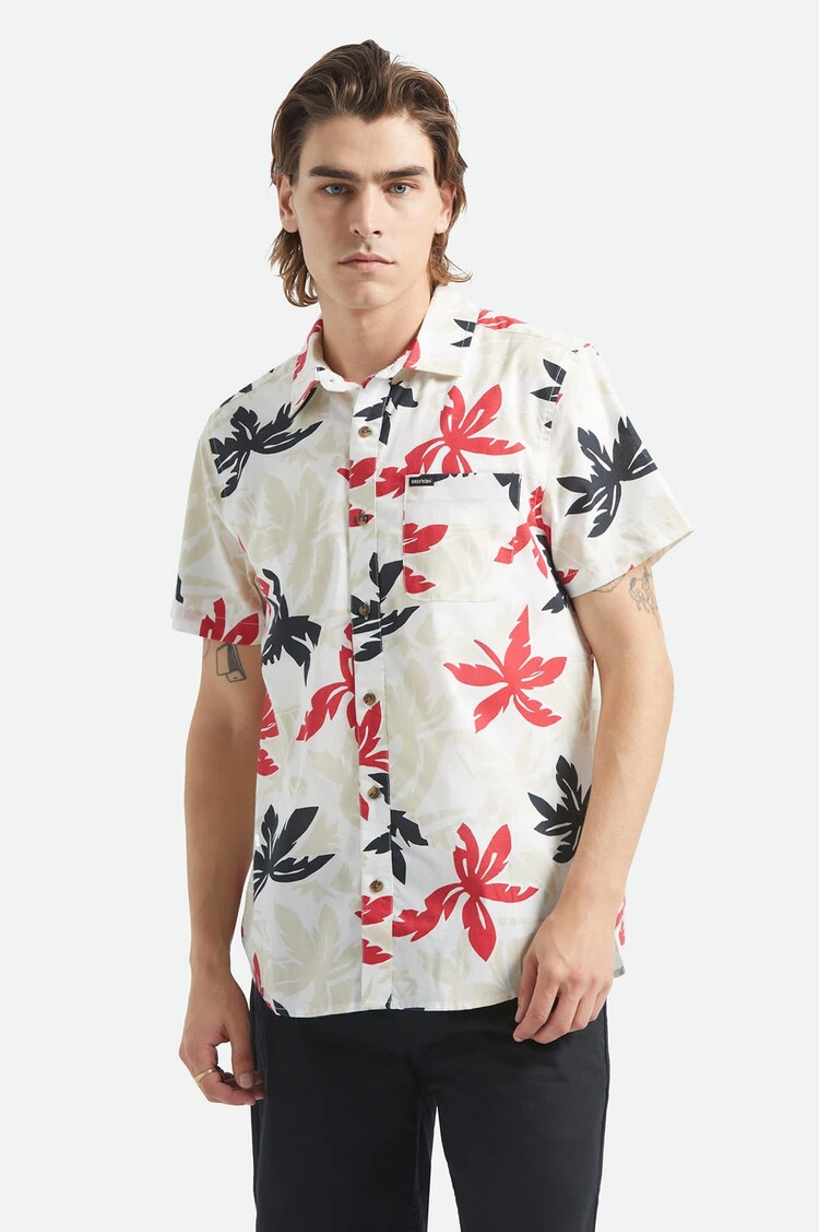 Brixton Brixton Charter Print S/S Wvn (Mens) | Off White/Black/Red Palm Flora