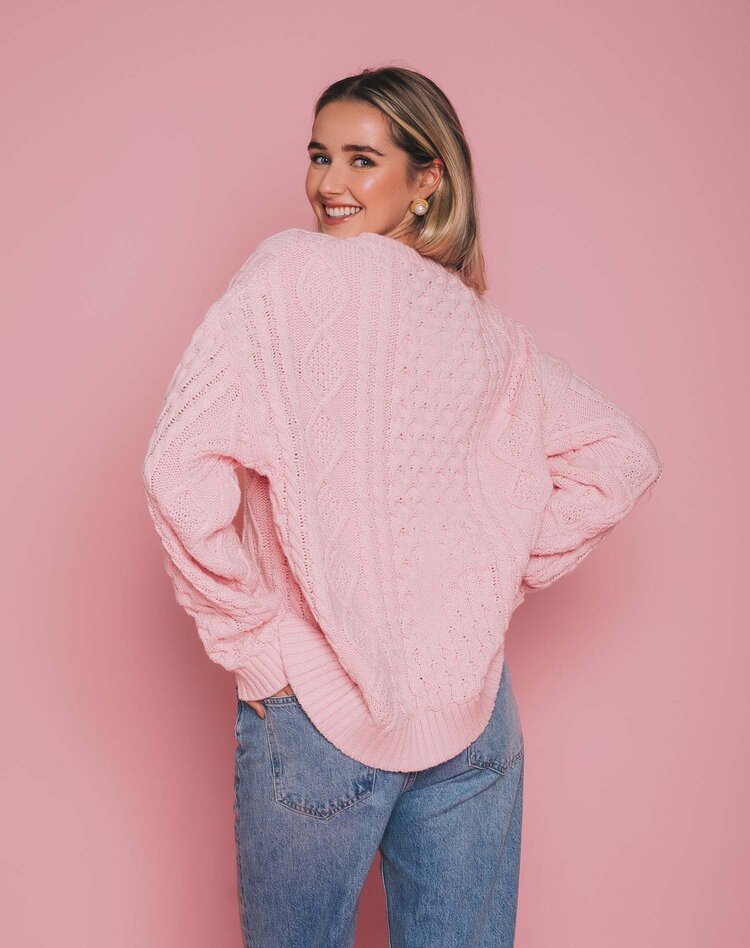 Brunette Brunette Irish Cable Knit Crew | Light Pink