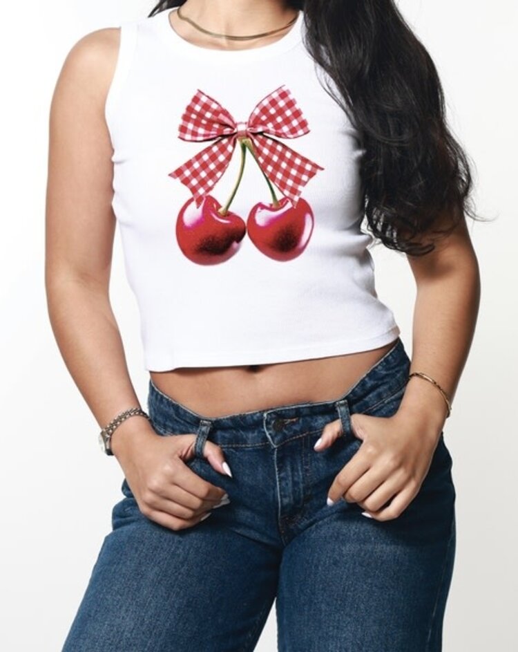 Girl Dangerous Girl Dangerous Cherry Bow Ribbed Crop Tank | White