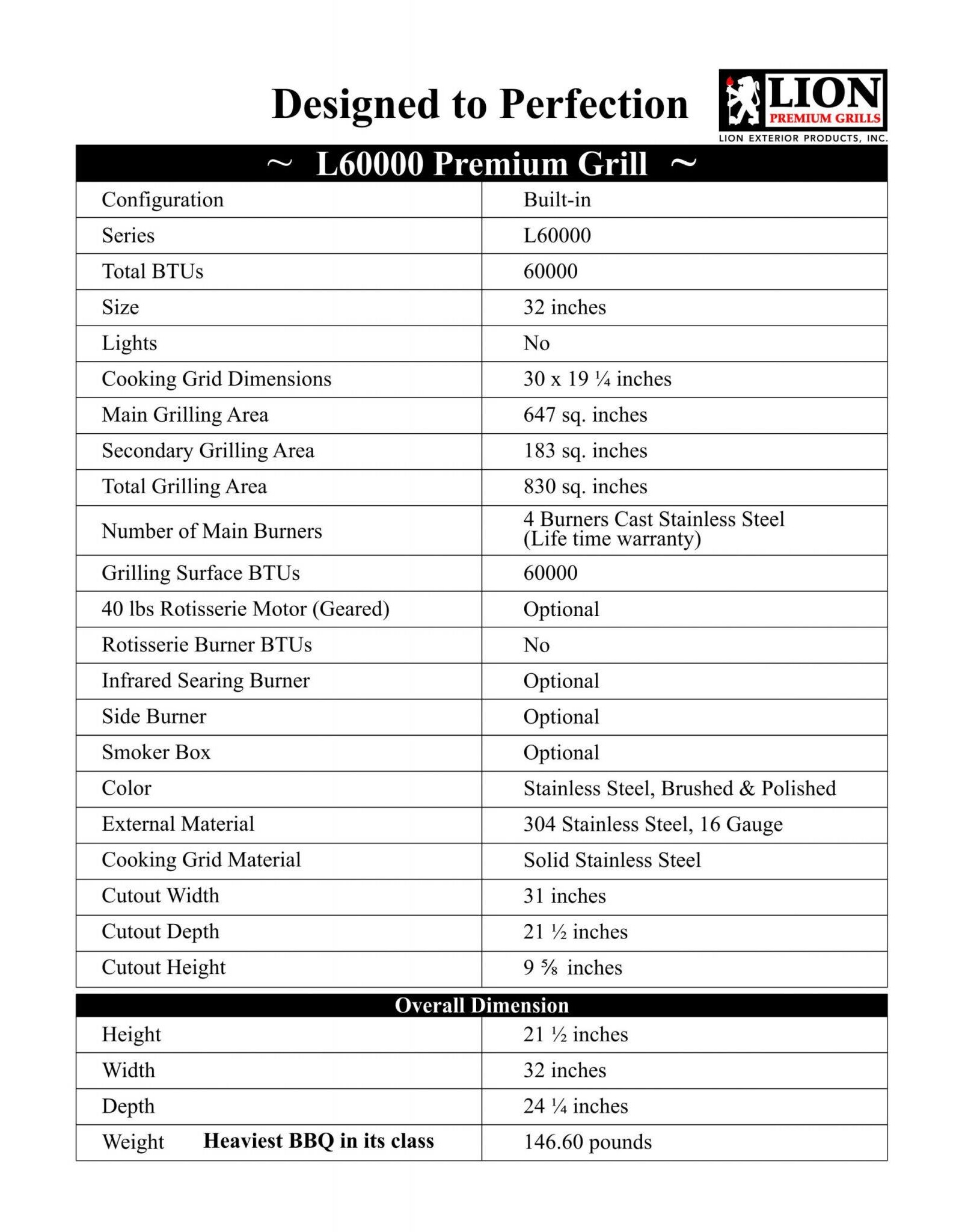 Lion Premium Grills Lion Premium Grills L-60000 32" Stainless Steel Built-In Natural Gas Grill w/ Grill Cover - 65623