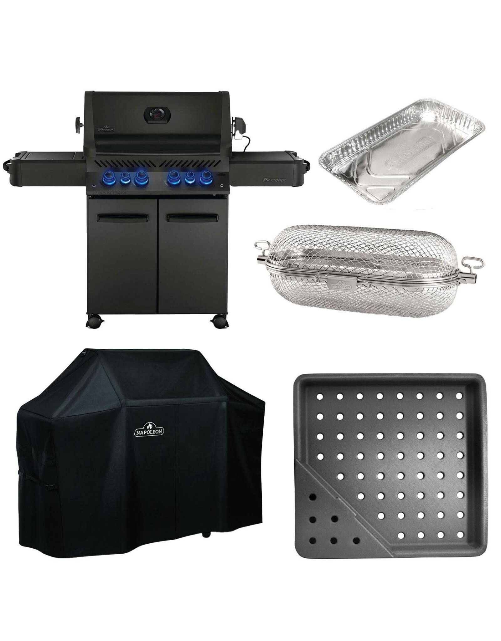 Napoleon Napoleon Phantom Prestige 500 Natural Gas Grill Bundle w/Cover, Charcoal Tray, Rotisserie Basket & Drip Trays