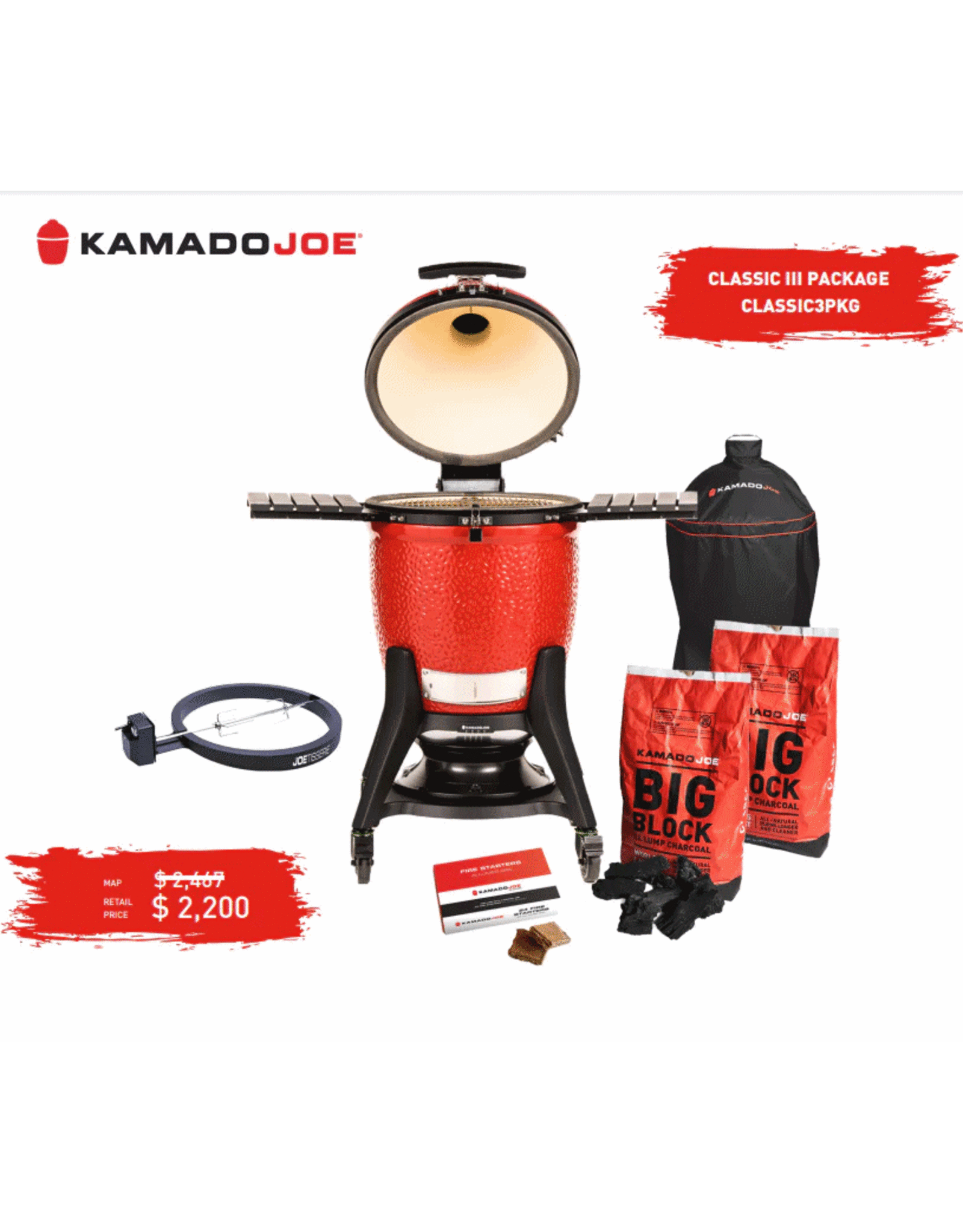 Kamado Joe Kamado Joe Classic III Bundle w/ KJ15040921 GRILL, CART, Cover, JoeTisserie & 2 BAGS Lump Charcoal + 1 Box Firestarter - CLASSIC3PKG