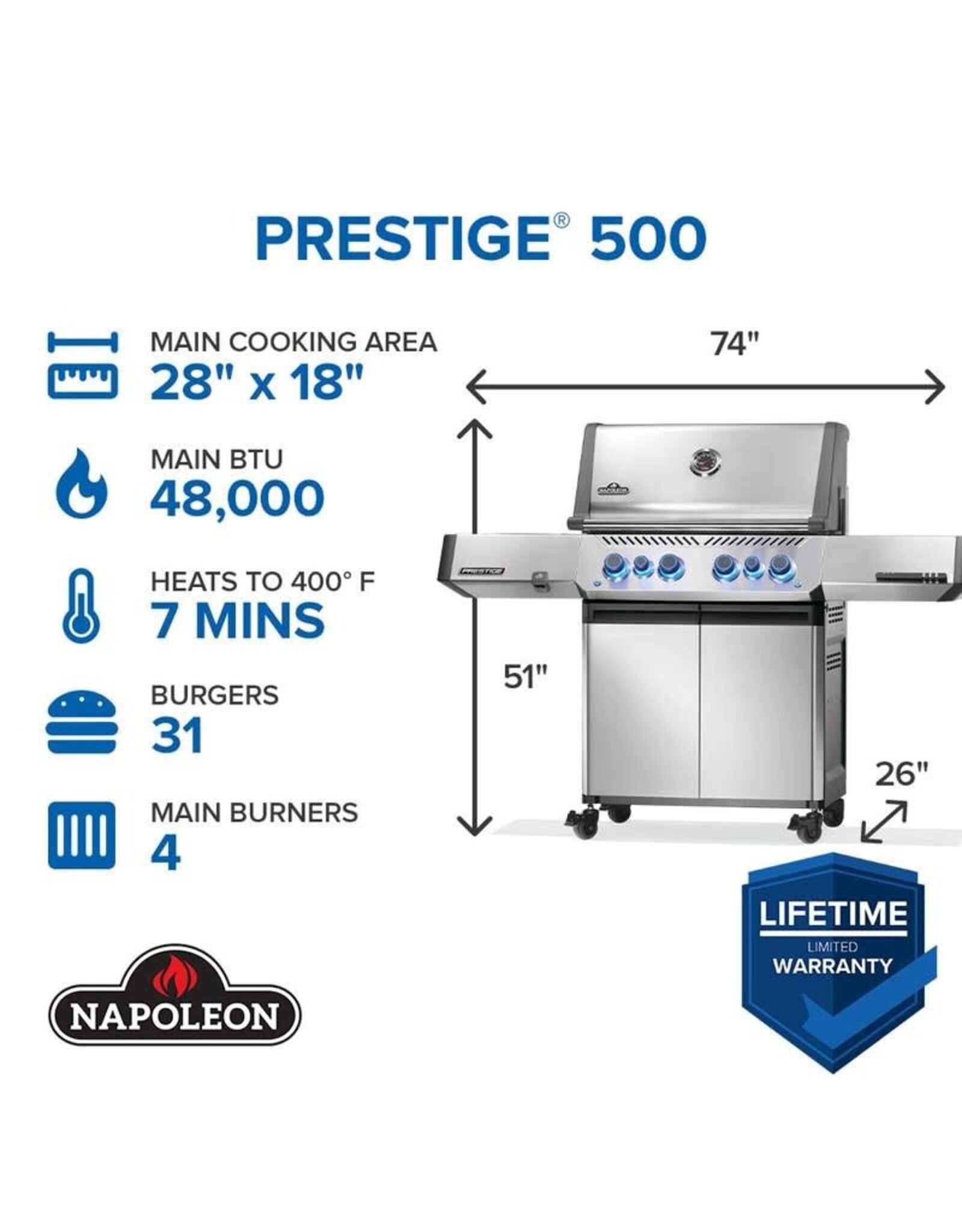 Napoleon Napoleon Prestige 500 4-Burner Gas Grill w/ Rotisserie & Side Infrared Burner -  Propane