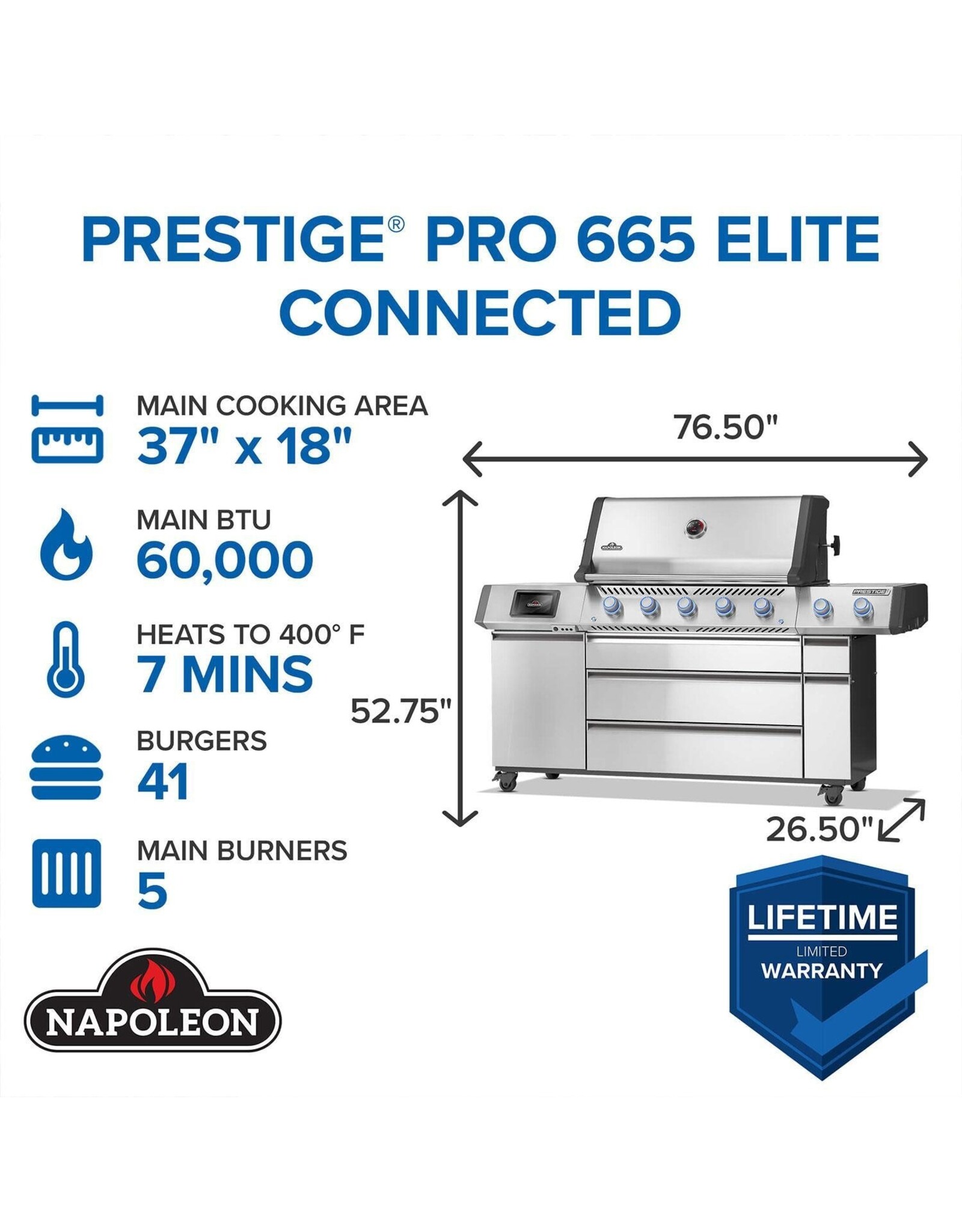 Napoleon Napoleon Prestige PRO 665 Elite 5-Burner Natural Gas Grill w/ Smart Technology & Electric Smoker Box - PRO665VXRSIBNSS