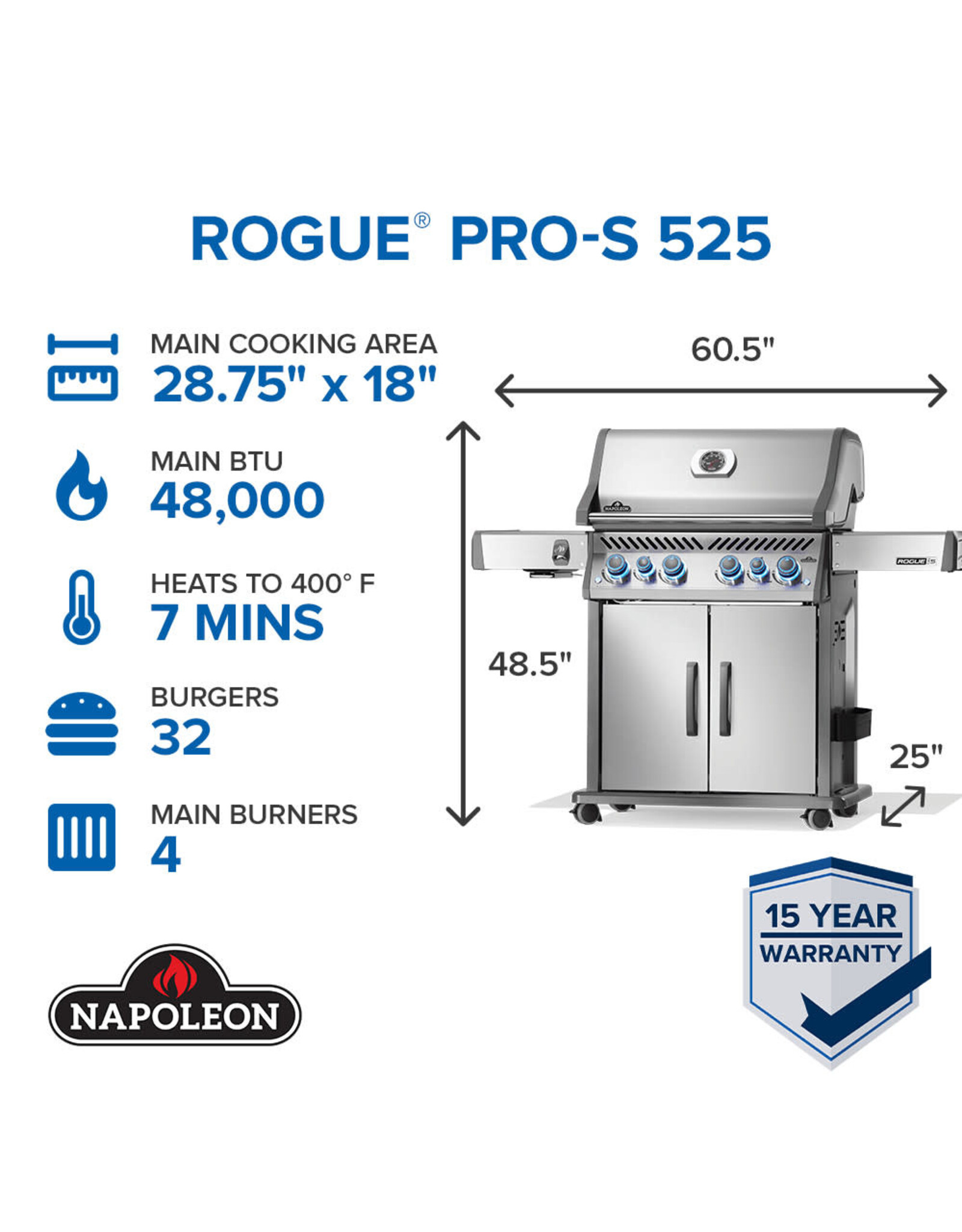 Napoleon Rogue® PRO-S 525 Grill with Infrared Side and Rear Burners, Stainless Steel Natural Gas