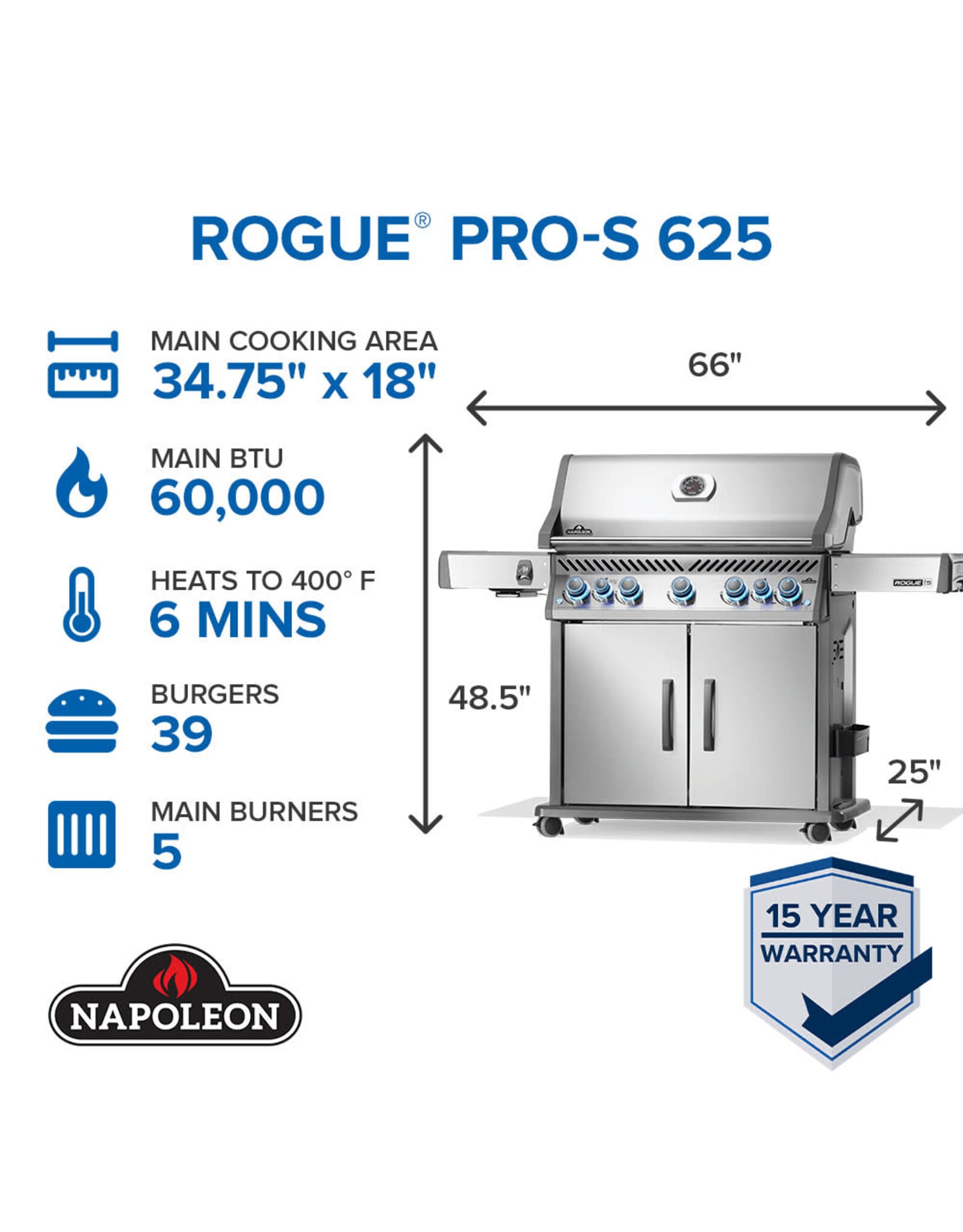 Napoleon Rogue® PRO-S 625 Gas Grill with Infrared Side and Rear Burners, Stainless Steel Propane