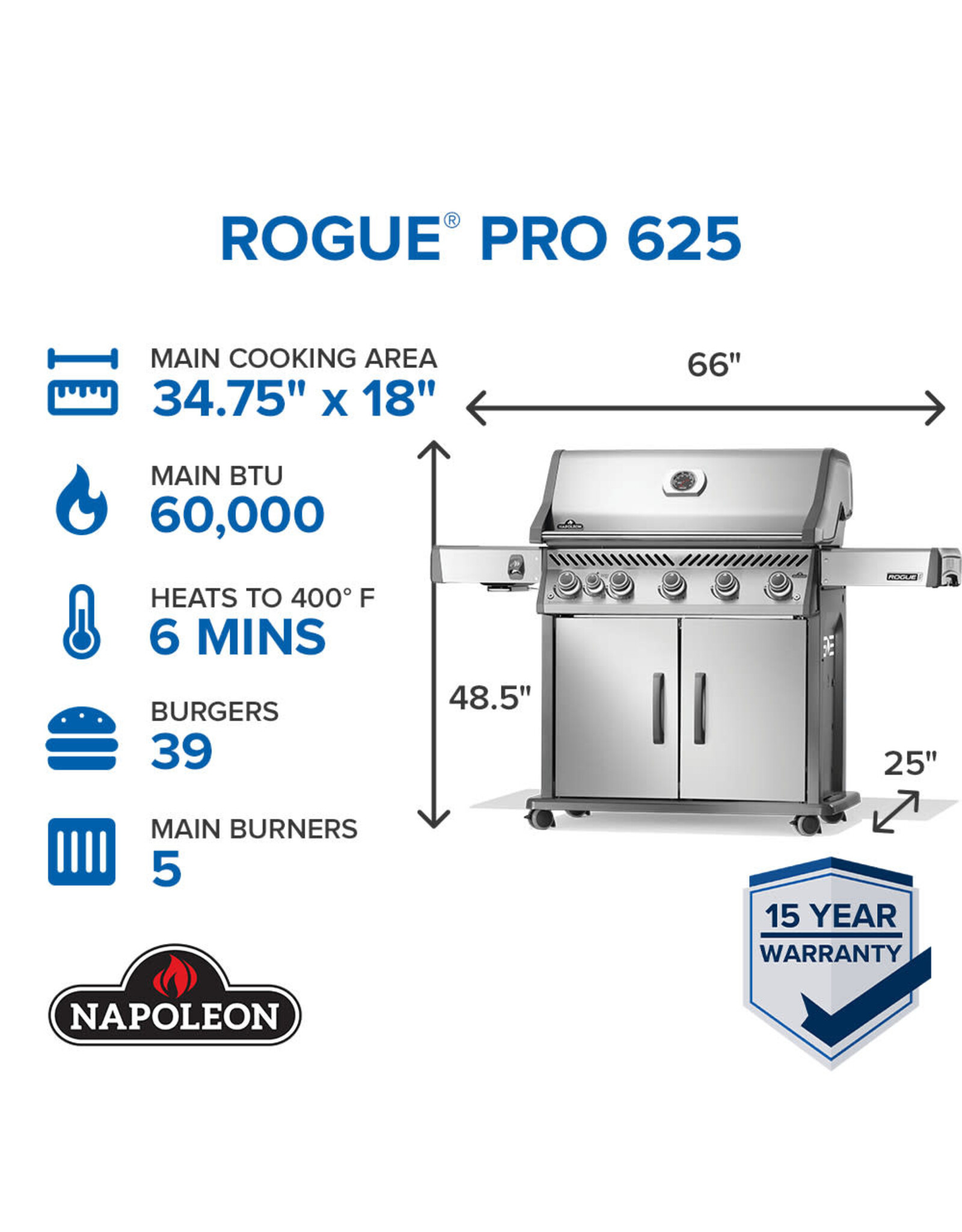 Napoleon Napoleon Rogue® PRO 625 Propane Gas Grill with Infrared Side Burner, Stainless Steel - RP625SIBPSS-2