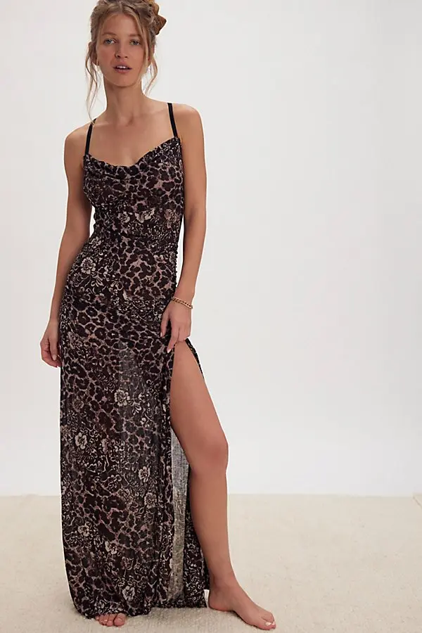knee length dresses for ladies Dreamy Day Ruffle Trim Maxi Dress Leopard