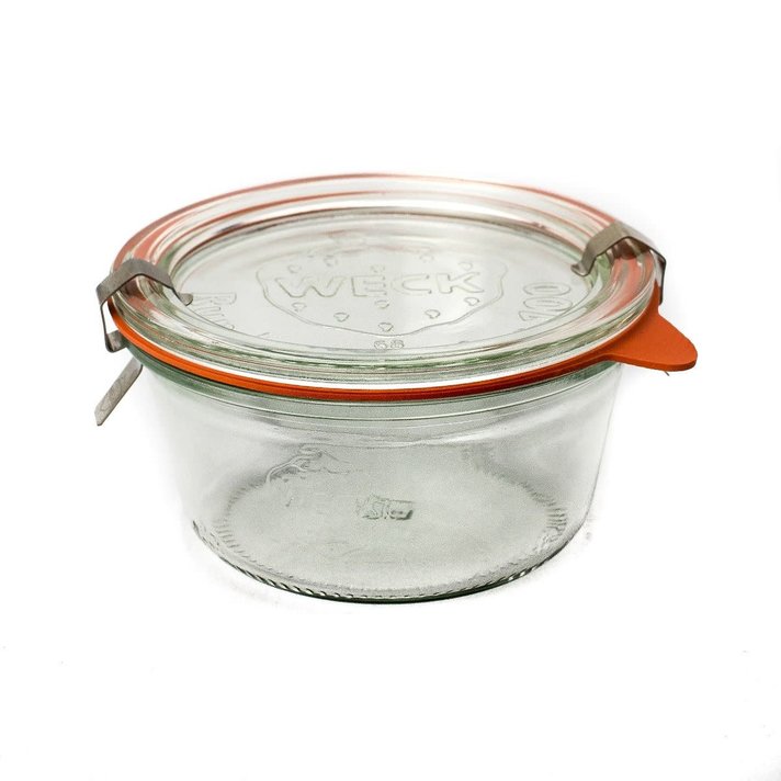 Weck Juice Jar Combo Pack - (1) 766 1-liter Jar (1) 764 1/2-Liter Jar with Glass Lids Rubber Rings and Steel Clamps