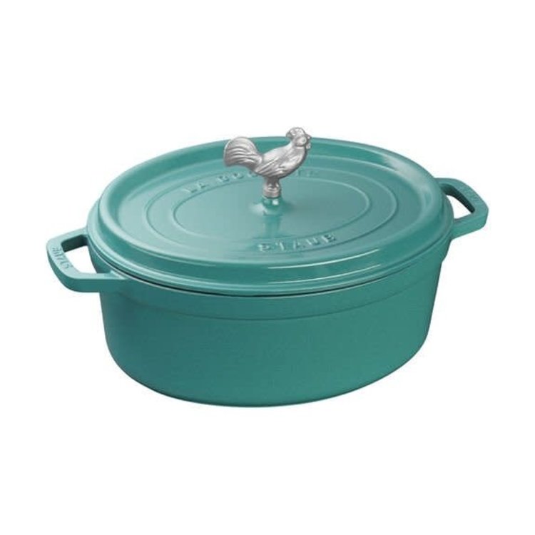 Staub 5.75 quart Turquoise Oval Dutch Oven with Rooster Knob Whisk