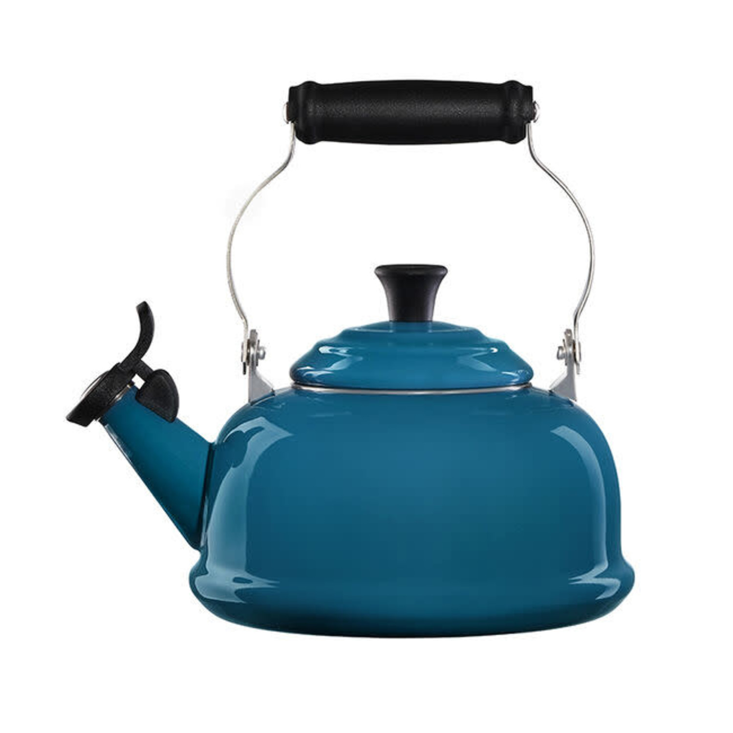 Teal Tea Kettle Boiling Hot Water On Top Of A Black Stove Top