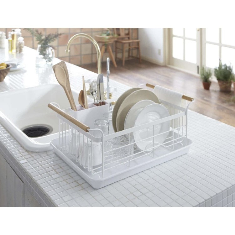 Yamazaki White Dish Rack with Wood Handles
