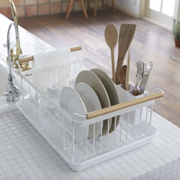Yamazaki White Dish Rack with Wood Handles