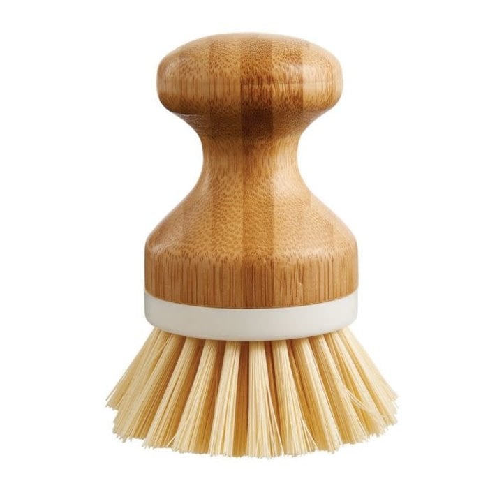 Heritage Products Cast Iron Scrub Brush, Palm Brush Kitchen Dish Scrubber with Natural Bamboo Wood Handle and Densely Packed Nylon Bristles Protects