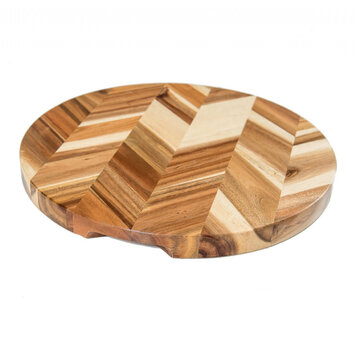 14" Round Herringbone Acacia Cutting or Serving Board with Inset Handles