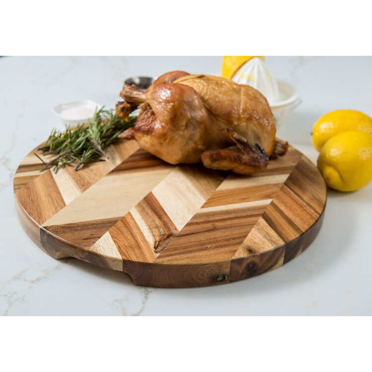 14" Round Herringbone Acacia Cutting or Serving Board with Inset Handles